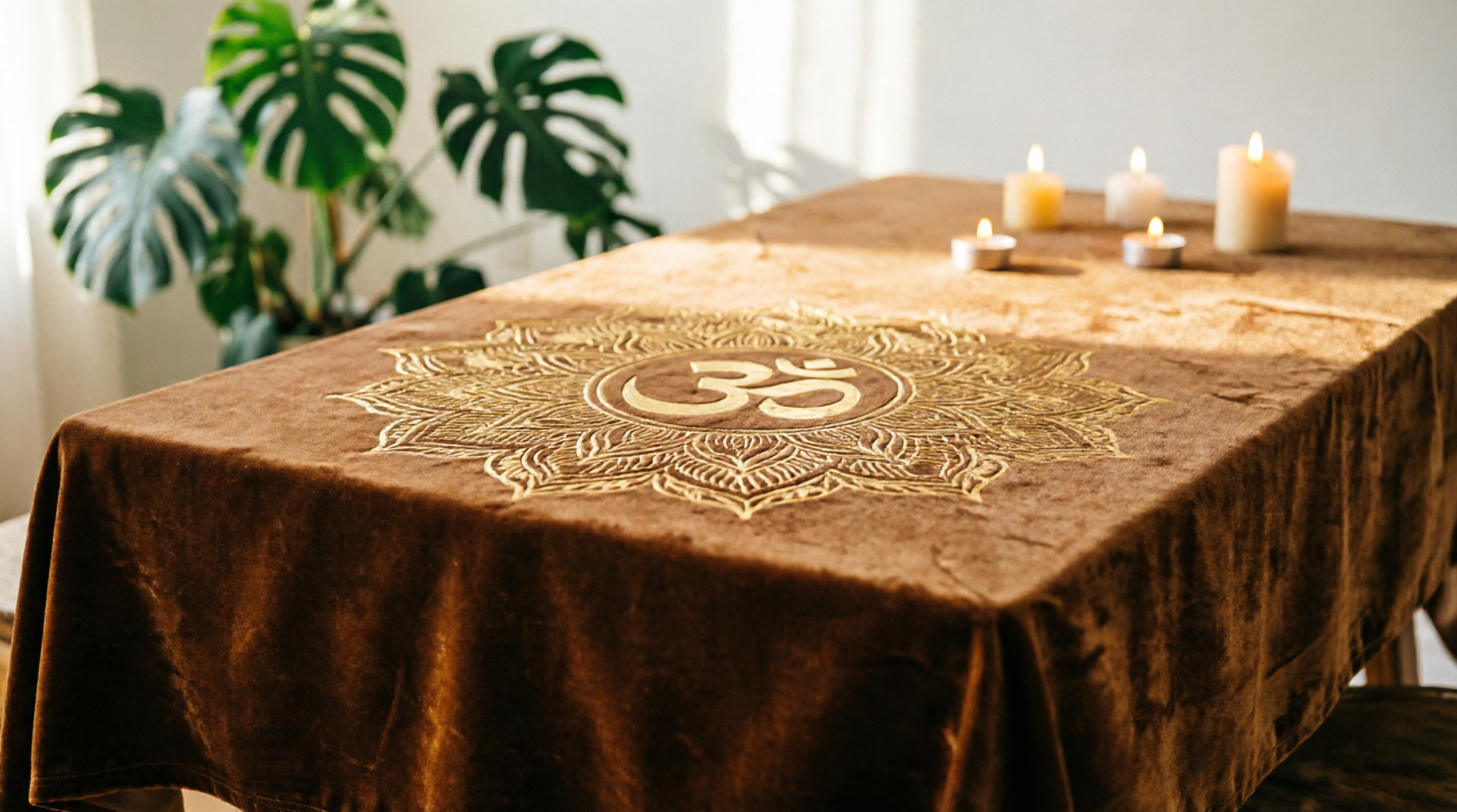 Brown tablecloth with a gold mandala design and OM symbol on a wooden table, surrounded by candles and plants.