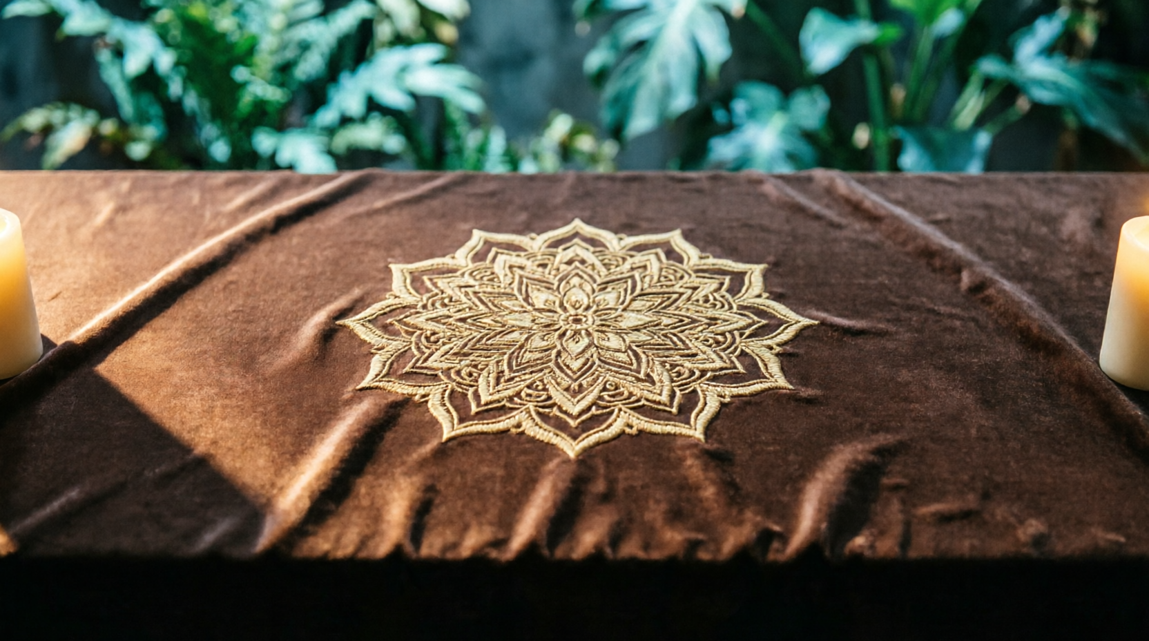 Brown fabric with a gold mandala design on a table, surrounded by green plants.