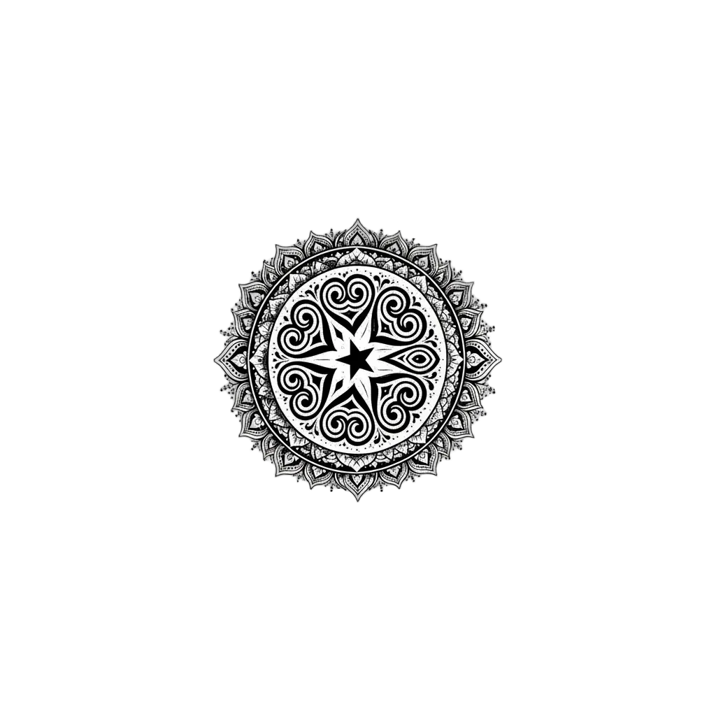 Black and white mandala design on a black background