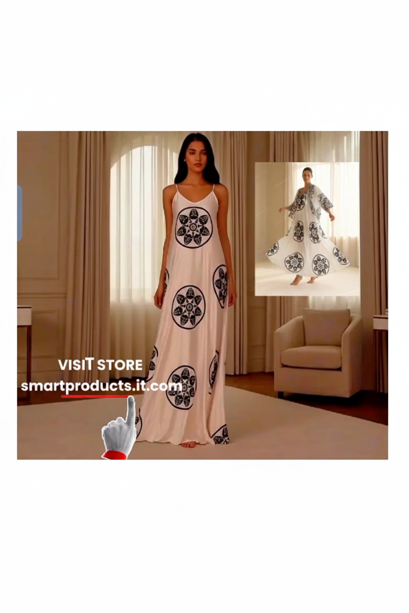 Woman wearing a long dress with floral patterns in a room setting.