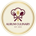 Logo of Aurum Culinary with crossed utensils on a beige background
