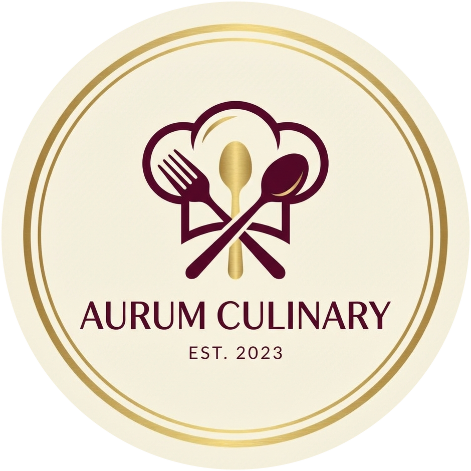 Logo of Aurum Culinary with crossed utensils on a beige background