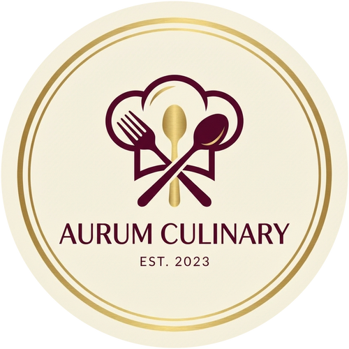 Logo of Aurum Culinary with crossed utensils on a beige background